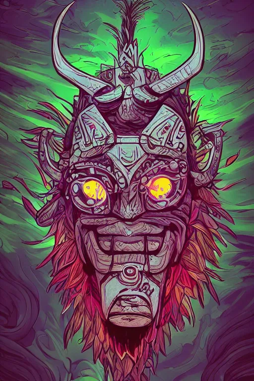 Image similar to totem animal tribal chaman vodoo mask feather gemstone plant wood rock video game illustration vivid color borderlands by josan gonzales and dan mumford radiating a glowing aura