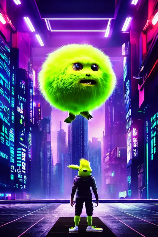 Image similar to high quality 3 d render cyberpunk very tennis ball monster highly detailed, unreal engine cinematic smooth, in the style of blade runner & detective pikachu, hannah yata charlie immer, purple light, low angle, uhd 8 k, sharp focus