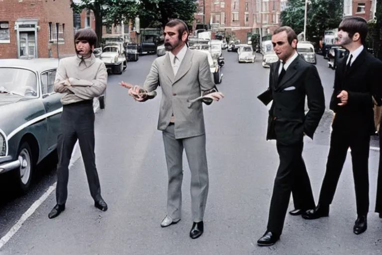 Prompt: sean connery as james bond with the beatles at abbey road recording studio, color photograph, 1 9 6 0 s