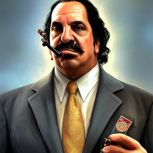 Image similar to handsome Ron Jeremy as President of United States of America as GTA character smoking a cuban cigar, sci-fi fantasy, closeup, D&D, intricate, elegant, highly detailed, digital painting, artstation, concept art, matte, sharp focus, illustration, art by Artgerm and Greg Rutkowski and Alphonse Mucha