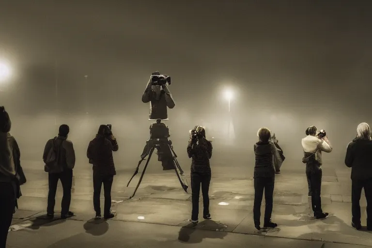 Prompt: photo of people taking pictures of an scp creature, eerie atmosphere, fear, mystery, dramatic, 8 k uhd