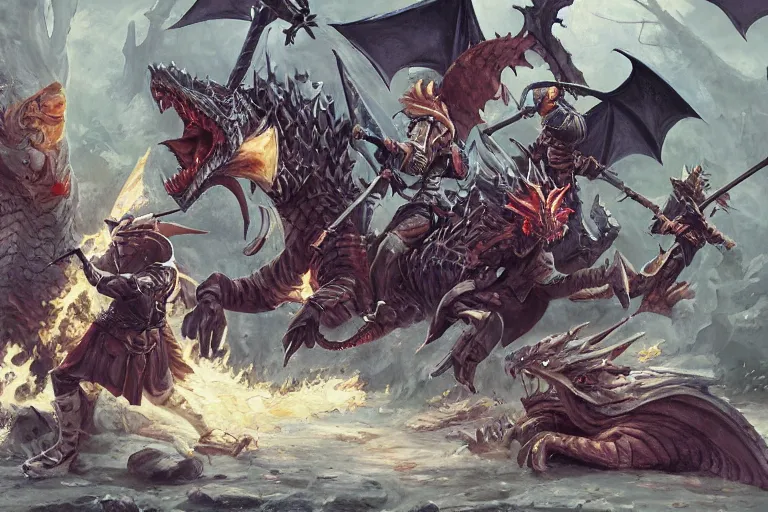 Prompt: dnd knights fighting a dragon