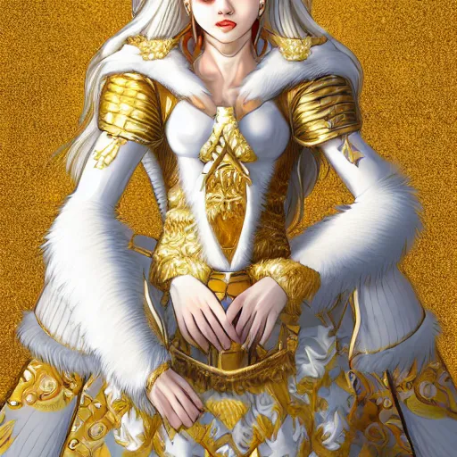 Image similar to commissioned full body furry portrait of a female anthro wolf-headed princess fursona with white hair wearing a white and gold chinese armored dress in a white and gold palace, by Wlop and jerry park, artstation, extremely detailed
