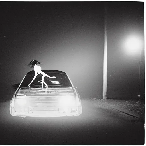 Image similar to medium format photograph with camera flash of a surreal fashion shoot on the hood of a car at night