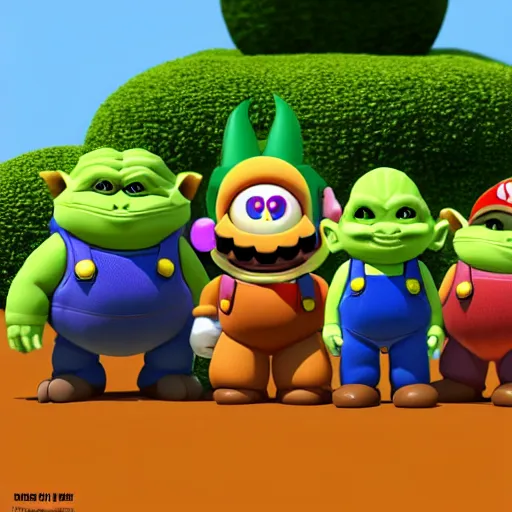 Image similar to super mario as godzilla yoda donkey kong pikachu yeti shrek fairy homer groot waluigi darth vader mike wazowski, highly detailed, extremely high quality, hd, 4 k, 8 k, professional photographer, 4 0 mp, lifelike, top - rated, award winning, cinematic, realistic, detailed lighting, detailed shadows, sharp, no blur, edited, corrected, trending