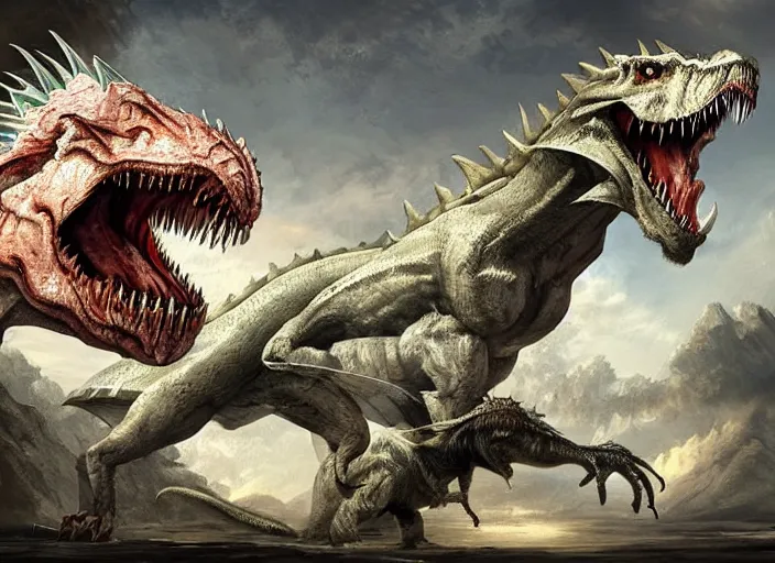 Image similar to a white dragon fighting a tyrannosaurus rex, intricately detailed, concept art