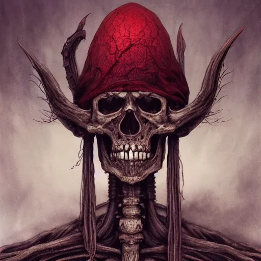 Prompt: a chthonic spirit of skeleton with a wizard hat on head eats souls, very very highly detailed, digital painting, red lake, artstation, concept art, smooth, sharp focus, illustration, art by Ayami Kojima, Beksinski, Giger