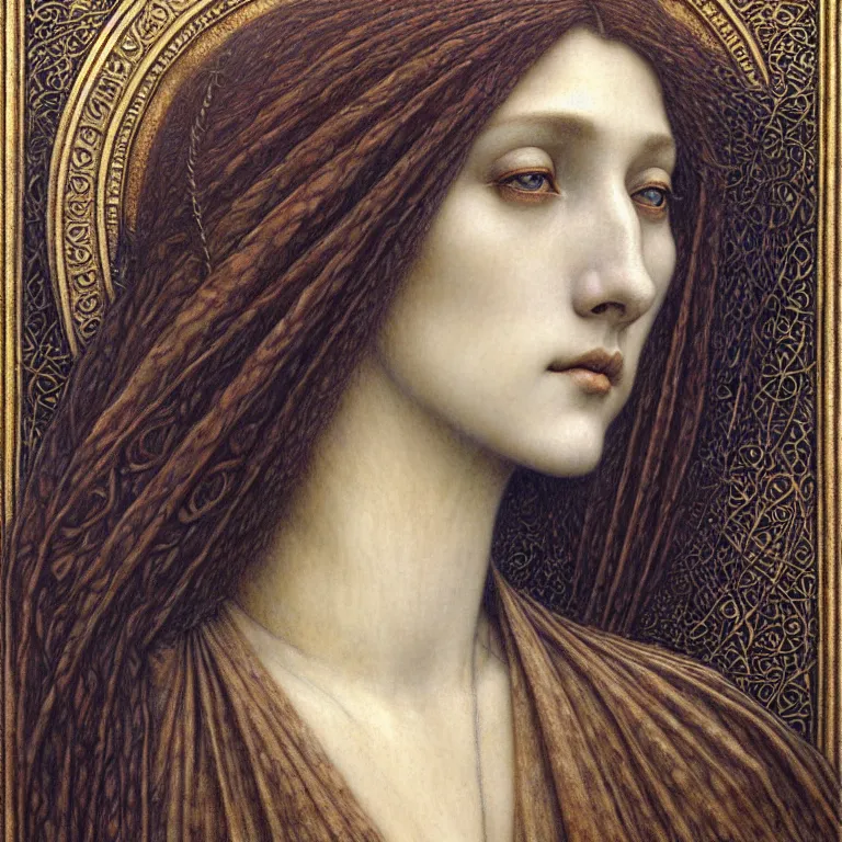 Image similar to detailed realistic beautiful young medieval queen face portrait by jean delville, gustave dore and marco mazzoni, art nouveau, symbolist, visionary, gothic, pre - raphaelite. horizontal symmetry