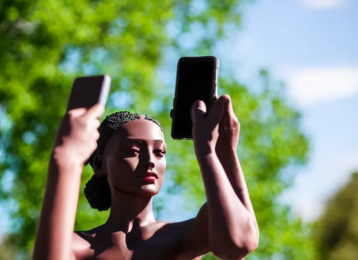 Image similar to photo still of a bronze statue of a woman using an iphone to take a selfie in a park on a bright sunny day, 8 k 8 5 mm f 1 6