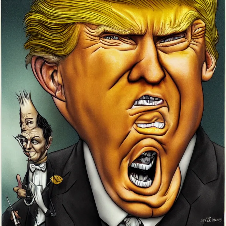 Image similar to a caricature of Donald Trump, with glowing yellow eyes, in style of Tom Bagshaw