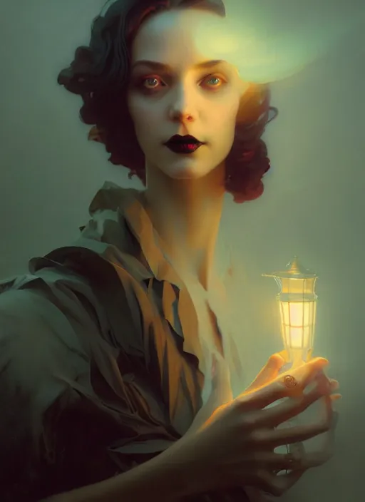 Image similar to leyendecker, abstract foggy girl, goth, ultra high detailed, glowy, sweet night ambient, fog, photorealistic, octane render, photorealistic environment, by greg rutkowski, brom, ferdinand knab, rossdraws, tom bagshaw, alphonse mucha, global illumination, radiant light