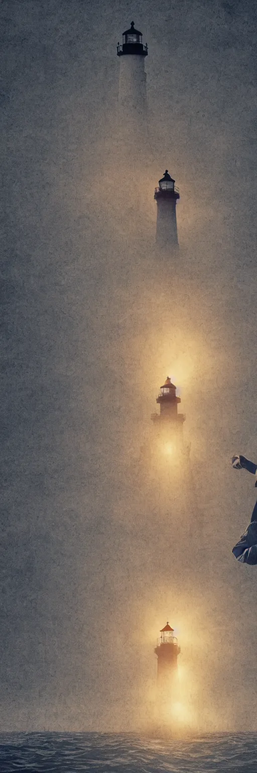 Prompt: lighthouse in the middle of the ocean, covered in silent hill style sigils, horror, person standing with a lantern centered in the foreground, spooky, scary
