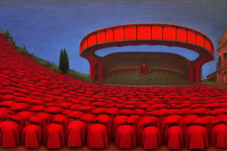 Image similar to only with red, a red great emperor, taormina amphitheatre, crowd with big smile, in the style of beksinski, parts by edward hopper, parts by rodcenko, parts by yue minjun, intricate and epic composition, red by caravaggio, insanely quality, highly detailed, masterpiece, red light, artstation, 4 k