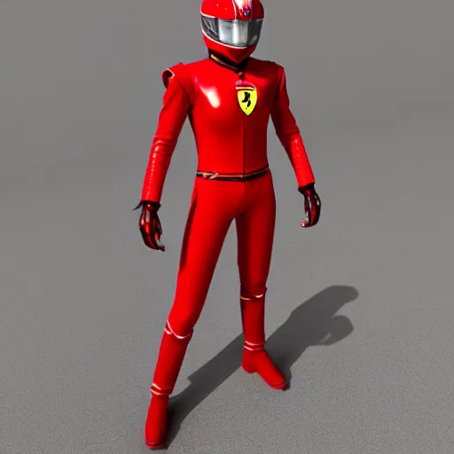 Image similar to Tokusatsu character based on Ferrari, red mechanical skinny body, chest plate with Ferrari logo, stylized motorcycle helmet, full body, unreal engine, 3D model