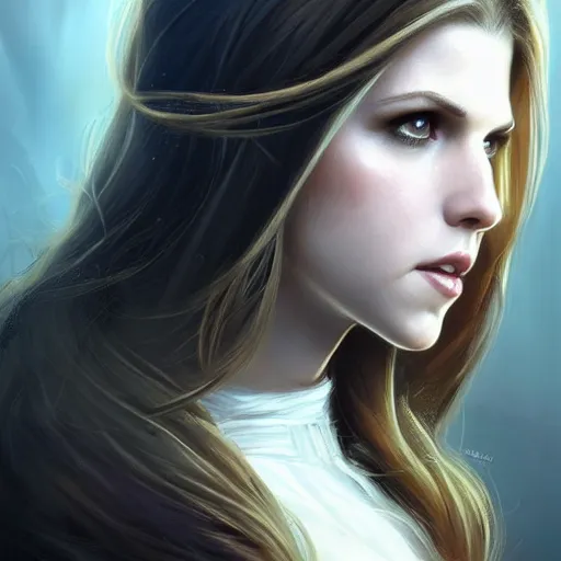 Image similar to a portrait of anna kendrick as a sorceress, urban motifs, intricate, elegant, highly detailed, digital painting, trending on artstation, concept art, smooth sharp focus, illustration, art by artgerm and greg rutkowski