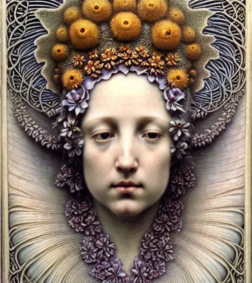 Image similar to beautiful young flower queen detailed realistic porcelain face portrait by jean delville, gustave dore, iris van herpen and marco mazzoni, art forms of nature by ernst haeckel, art nouveau, symbolist, visionary, gothic, neo - gothic, pre - raphaelite, fractal lace, intricate alien botanicals, surreality, hyperdetailed ultrasharp octane render