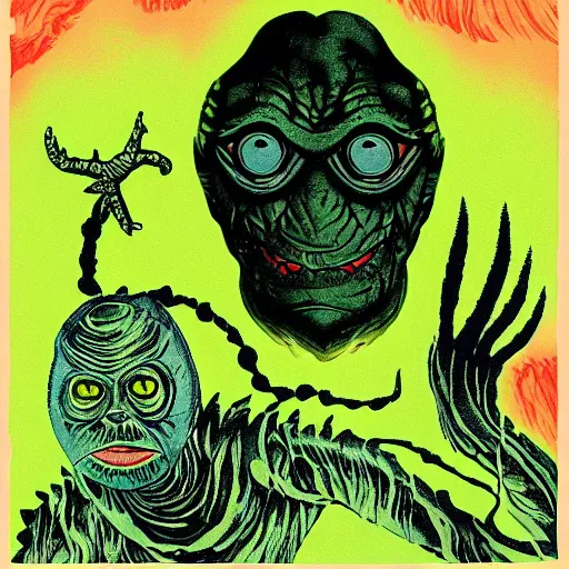 Prompt: creature from the black lagoon, album cover art, illustrated by Richard Powers