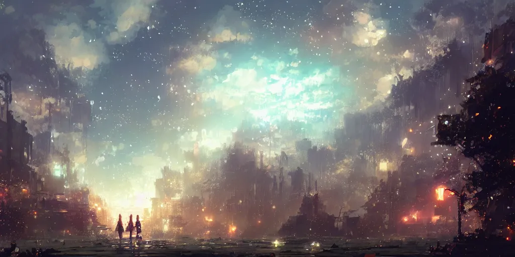 Prompt: sky of fireworks and stars by makoto shinkai, nier atutomata environment concept art, greg rutkowski and krenzcushart