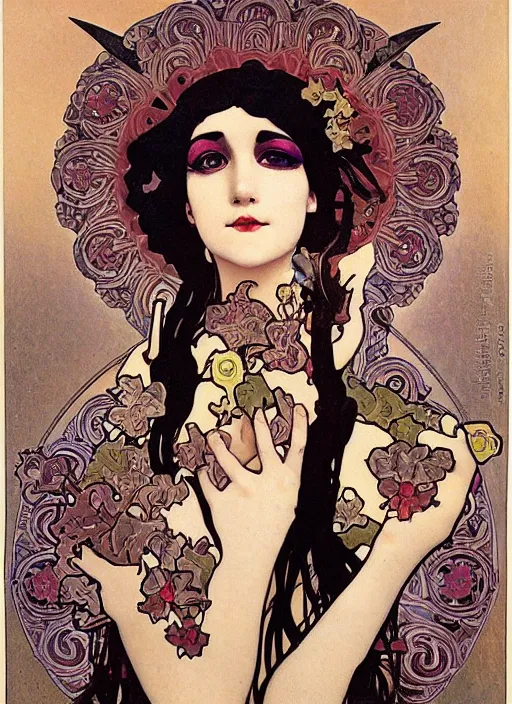 Image similar to Goth fractal girl, surreal Dada collage by Alphonse Mucha