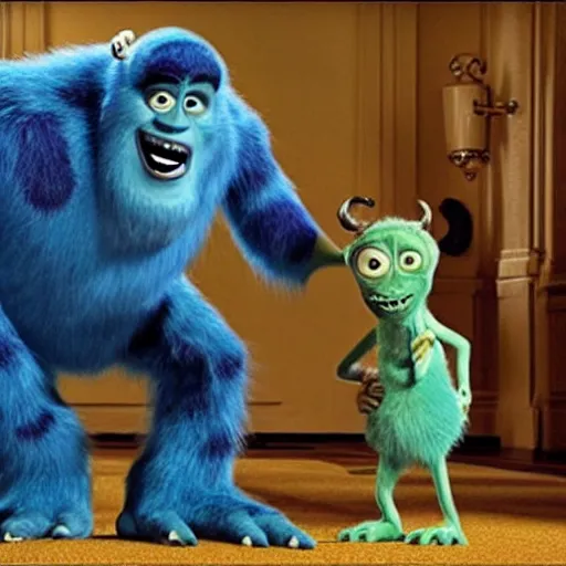 Image similar to Obama as a monster in the movie Monsters Inc::a kid is standing next to him::Happy and laughing