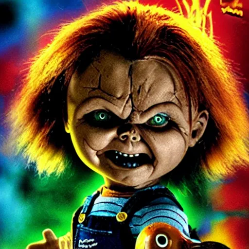 Prompt: Chucky versus Demonic Toys movie poster