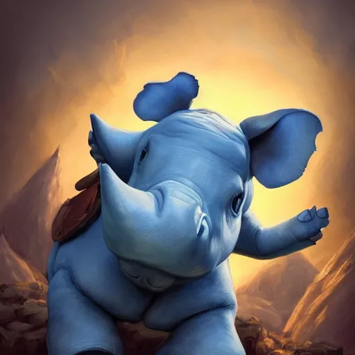 Image similar to A adorable whimsical blue rhino wearing adventurer's clothing, expressive pose, highly detailed, digital painting, artstation, concept art, smooth, sharp focus, studio light, by Justin Gerard,