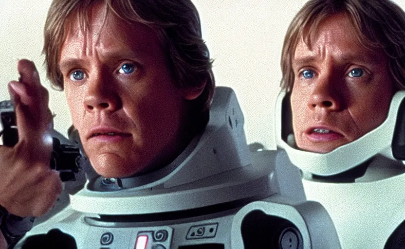 Prompt: cinematic still image screenshot portrait luke skywalker looking looking at his cybernetic hand, while he is talking to a lonely medical droid, from the tv show on disney + anamorphic lens, photo 3 5 mm film kodak from empire strikes back crisp 4 k imax, beautiful image, window into space behind them