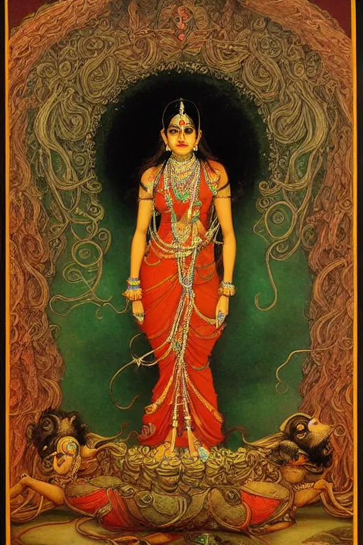 Prompt: an abstract concept art. hindu mythology. wisps and tendrils. elegantly detailed. esoteric. intricate details. ravi varma.