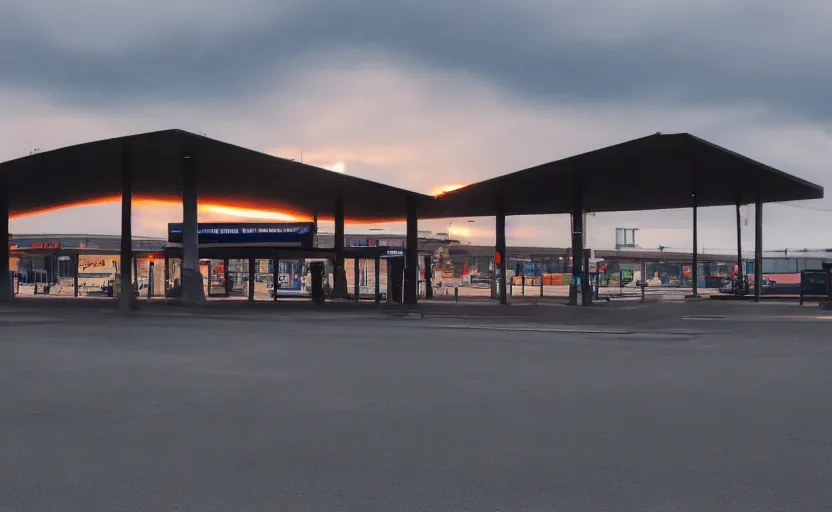 Image similar to wide exterior of the port byron travel plaza bus station in upstate buffalo new york, moody scene directed by charlie kaufman ( 2 0 0 1 ), anamorphic lenses, kodak color film stock, foggy volumetric light morning, cinematic trending on artstation