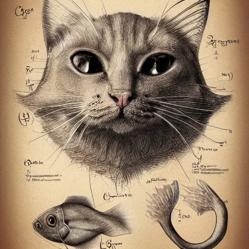 Prompt: anatomy of a cat fish, da vinci notes, ultradetailed, anatomy study, artstation