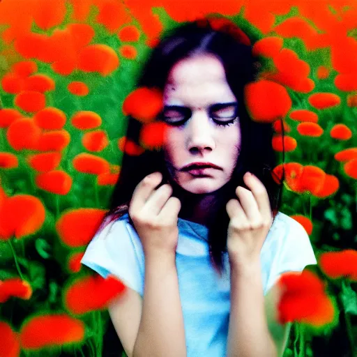 Prompt: oversaturated, burned, light leak, expired film, photo of a girl crying surrounded by flowers