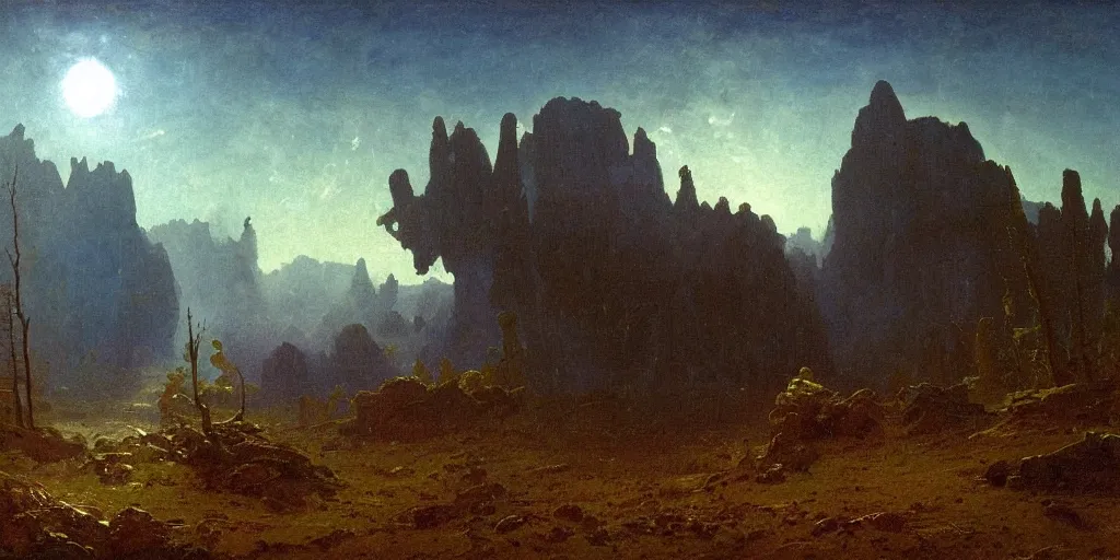 Prompt: landscape image of an extremely alien planet, by Albert Bierstadt