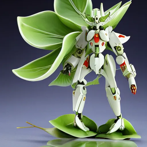 Image similar to futuristic pistia stratiotes mecha water lettuce upper body, sepals forming helmet, floral details, pistia, 8 k hd resolution, barbatos gundam with floral inlay, bandai box art, star wars, makoto kobayashi, frank gehry, raymond swanland