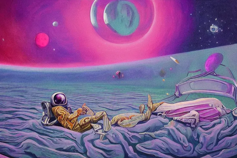 Prompt: surreal painting by chesley bonestelll!!, an astronaut sitting on a beach bed near a river with a cocktail + psychedelic vegetation + purple, pink, blue + planets and stars + mystic fog, 5 0's vintage sci - fi style, rule of third!!!!, line art, 8 k, super detailed, high quality