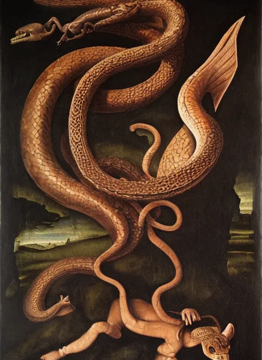 Prompt: detailed realistic renaissance painting of a chimera with bat wings and the body of a snake coiling around a column on a black background, hig quality, no blur, 4 k