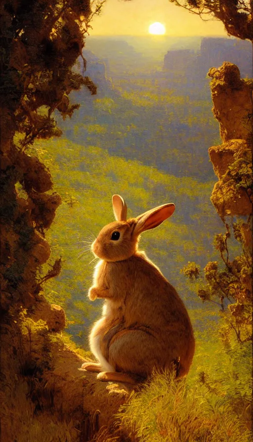 Image similar to hyper realistic rabbit looking off of a cliff, sun setting behind rabbit, lush forest in valley below, painted by gaston bussiere, craig mullins, j. c. leyendecker 8 k