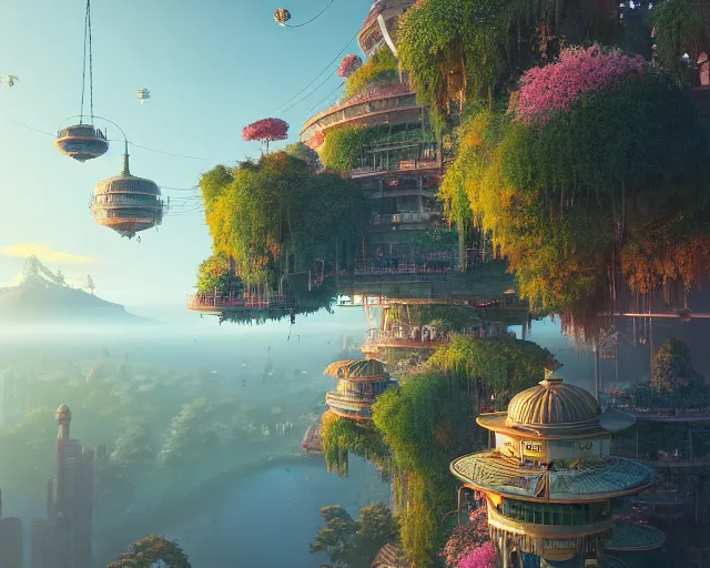 Prompt: Overlooking the Empress’ hanging, swirling gardens, golden hour, Jakub Kasper, Makoto Shinkai, Simon Stålenhag, matte painting, featured in artstation, octane render, hyperrealistic, cinematic, elegant, intricate, 8k