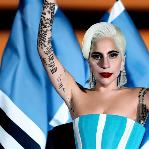 Image similar to Lady Gaga president of Argentina, Argentina flag behind, bokeh, detailed, hd, waving hands