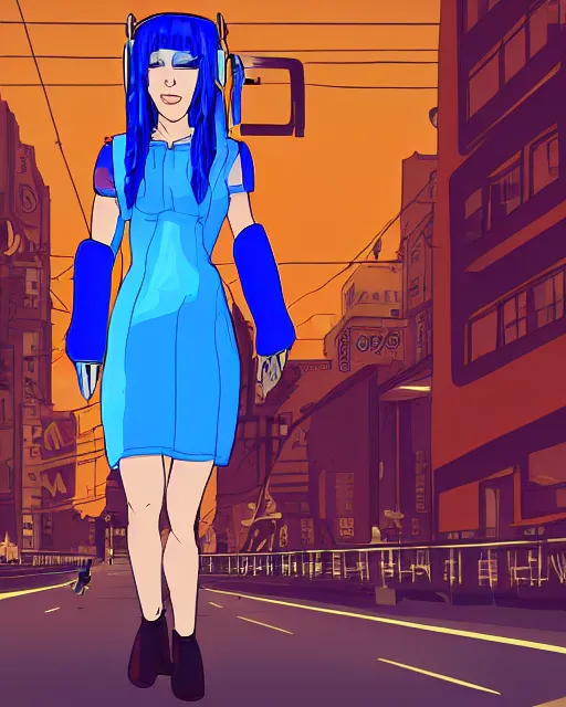 Image similar to cel shaded art of a pretty blue haired girl wearing a dress, cyberpunk city street background