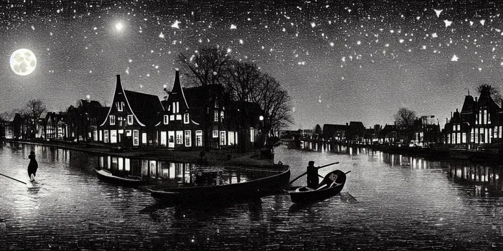 Prompt: Dutch houses along a river, silhouette!!!, Circular white full moon, black sky with stars, lit windows, stars in the sky, b&w!, Reflections on the river, a man is punting, flat!!, Front profile!!!!, high contrast, HDR, street lanterns, 1904, Style of Frank Weston, illustration, soft