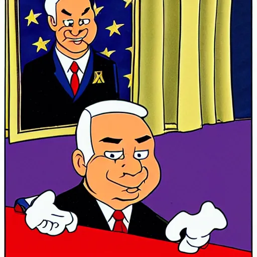 Image similar to a cartoon character of Benjamin netanyahu by Carl Barks.