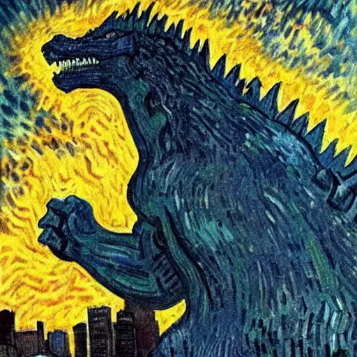 Prompt: godzilla in new york, epic, establishing shot, highly detailed, oil painting by van gogh