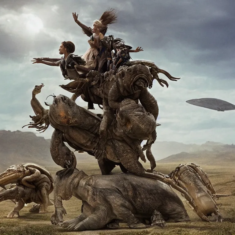 Image similar to 70mm still from a sci fi blockbuster movie made in 2022, set in 1860, of a family riding on the back of alien hippos, on an alien planet, across an alien landscape that is full of strange wild alien plants and flowers, the family are wearing 1850s era clothes, cinematic lighting, 8k, in focus faces, good quality lighting, good quality photography, oscar winner