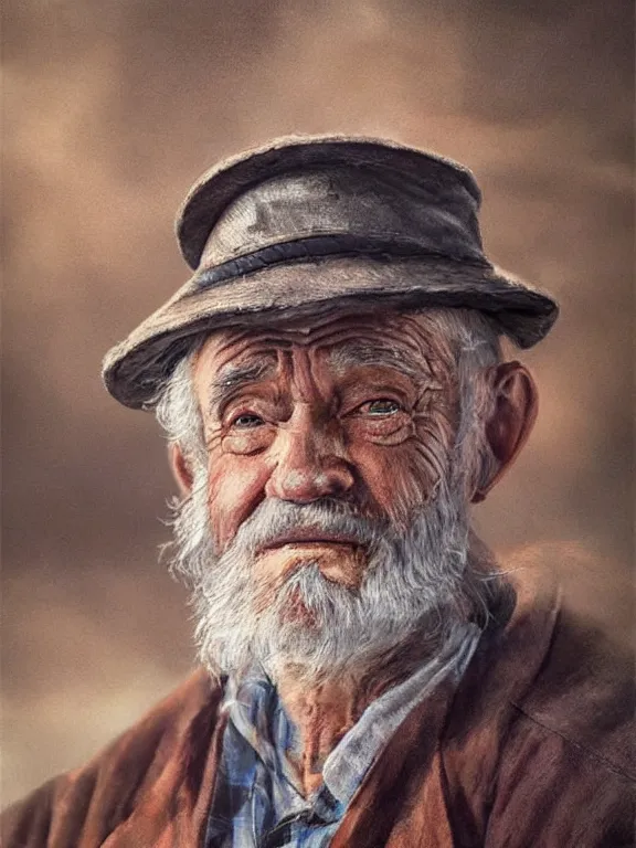 Image similar to realistic renderings portrait of very old fisher man portrait with a hat, wearing a fisher 🧥, port scene background, astonishing scenes, detailed, photorealism, volumetric lighting, autumn lights colors, ultra detailed