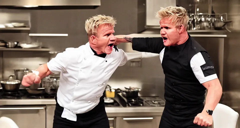 Image similar to photo of angry furious Gordon Ramsay punching Gordon Ramsay at the kitchen