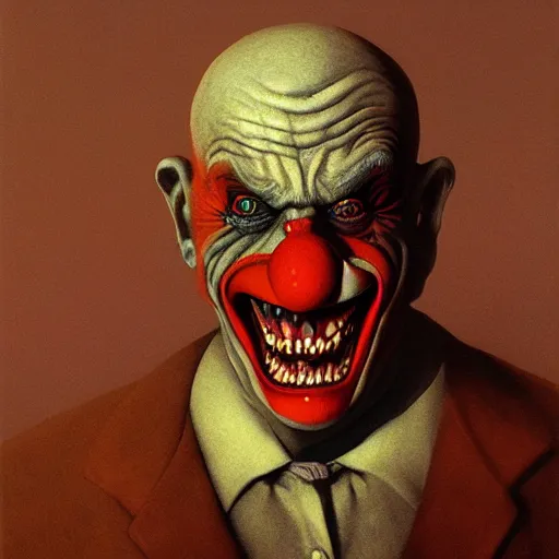 Image similar to portrait of an angry vampire clown ghost by Zdzisław Beksiński, irwin penn, realistic, digital art, unreal engine