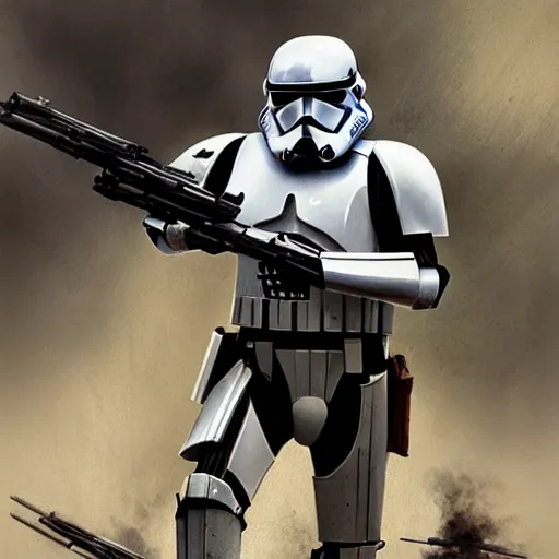 Prompt: a long shot of an imperial stormtrooper in battle position ready to shoot his blaster concept art by Doug Chiang cinematic, realistic painting, high definition, very detailed, extremely high detail, photo realistic, concept art, the Mandalorian concept art style