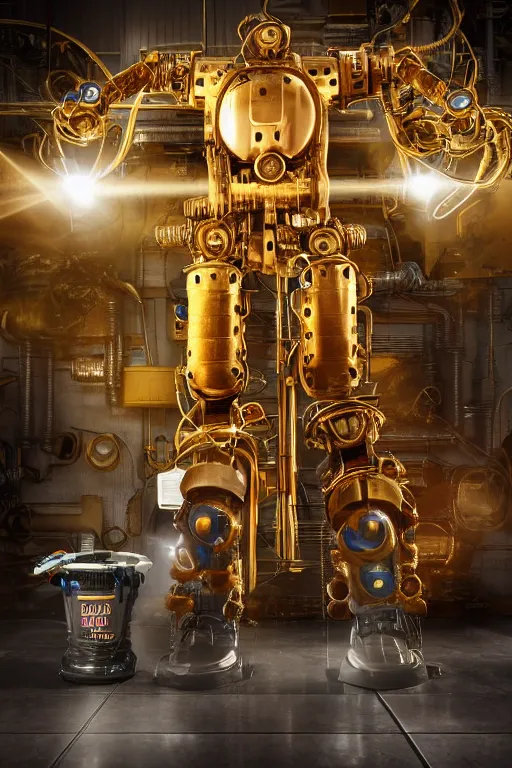 Prompt: portrait photo of a giant huge golden and blue metal humanoid steampunk robot cleaner robot, with gears tubes vaccuumcleaner, on the wet floor are mop and bucket, eyes are glowing red lightbulbs, shiny crisp finish, 3 d render, 8 k, insaneley detailed, fluorescent colors, background is multicolored lasershow