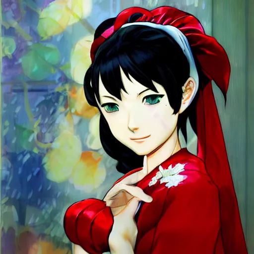 Prompt: yukiko amagi in wedding dress facing viewer by shigenori soejima