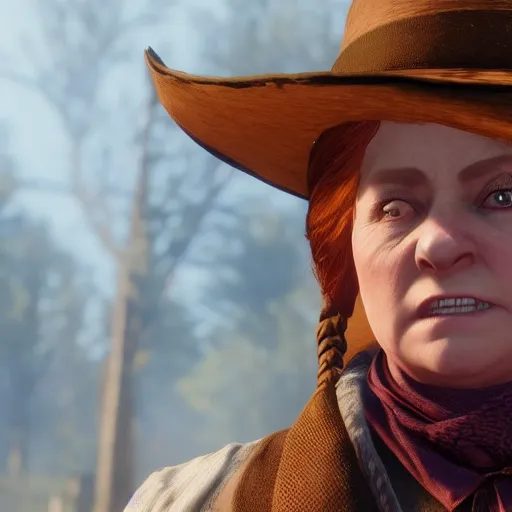 Prompt: Film still of Molly Weasley, from Red Dead Redemption 2 (2018 video game)